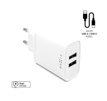 FIXED Nabíjačka na mobil 2xUSB výstup, USB/USB-C kábla, 1m, 15W, biela