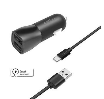 Nabíjačka mobilov do zapaľovača 2xUSB TYP-C káblom 1m 5/3,1A, 15W čierna FIXED