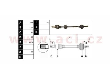 poloosa AVORD délka 794 mm, 20 drážek u kola, 22drážek u převodovky, P, repasovaný originál (+vratná část 595 Kč/25,87 €)