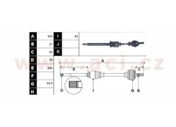 poloosa AVORD délka 952 mm, 27 drážek u kola, 26 drážek u převodovky, P, repasovaný originál (+vratná část 595 Kč/25,87 €)