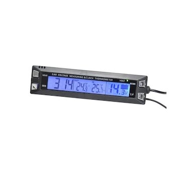 Teplomer s hodinkami + voltmeter 12/24V IN/OUT