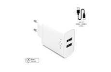 FIXED Nabíjačka na mobil 2xUSB výstup, USB/USB-C kábla, 1m, 15W, biela